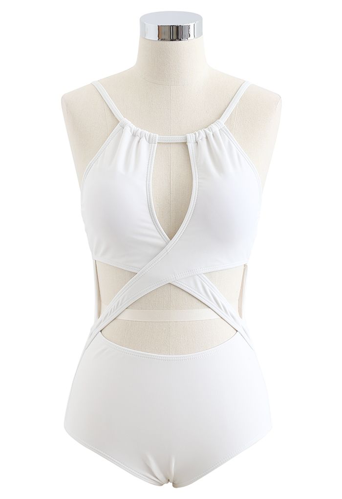 Cross Front Cutout Cami Swimsuit in White