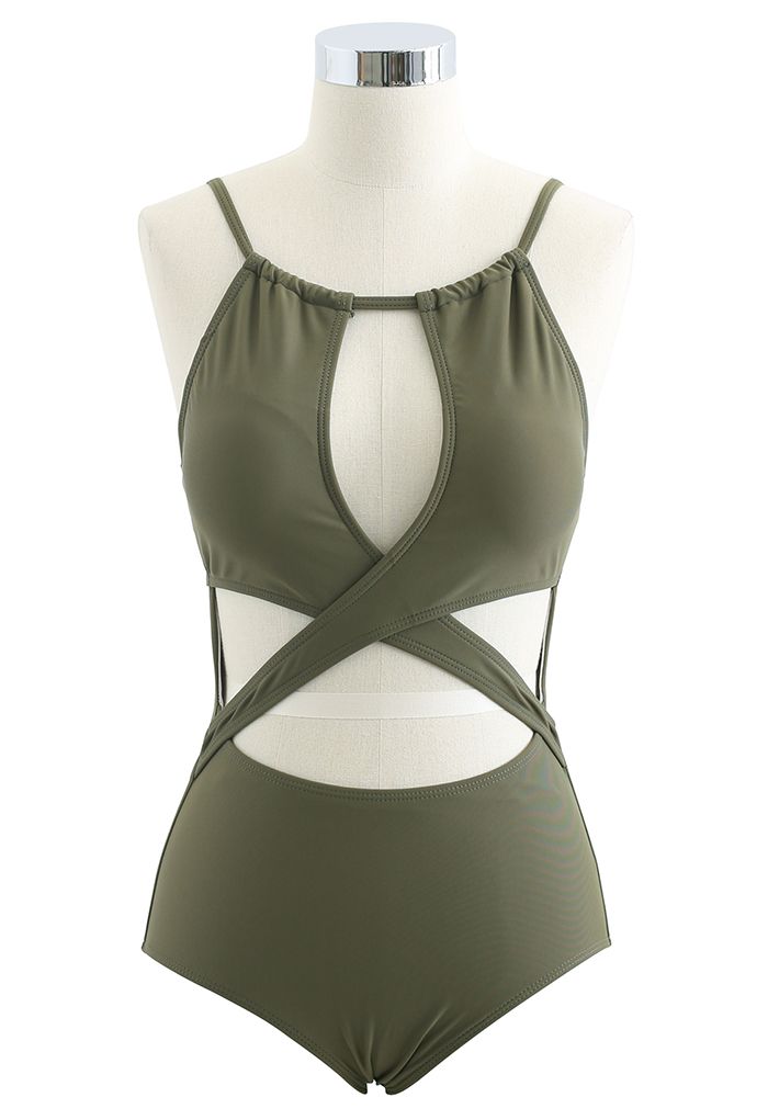 Cross Front Cutout Cami Swimsuit in Army Green