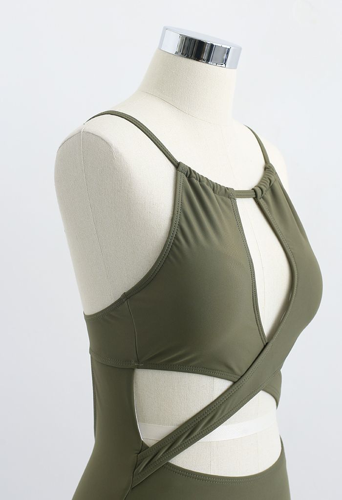 Cross Front Cutout Cami Swimsuit in Army Green