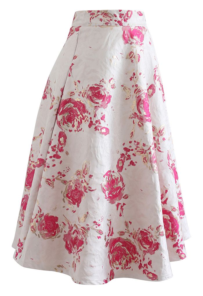 Reddish Rose Jacquard A-Line Midi Skirt