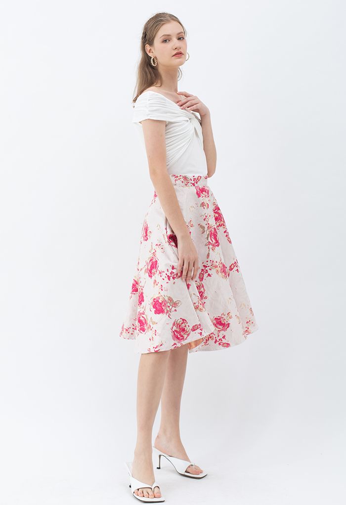 Reddish Rose Jacquard A-Line Midi Skirt