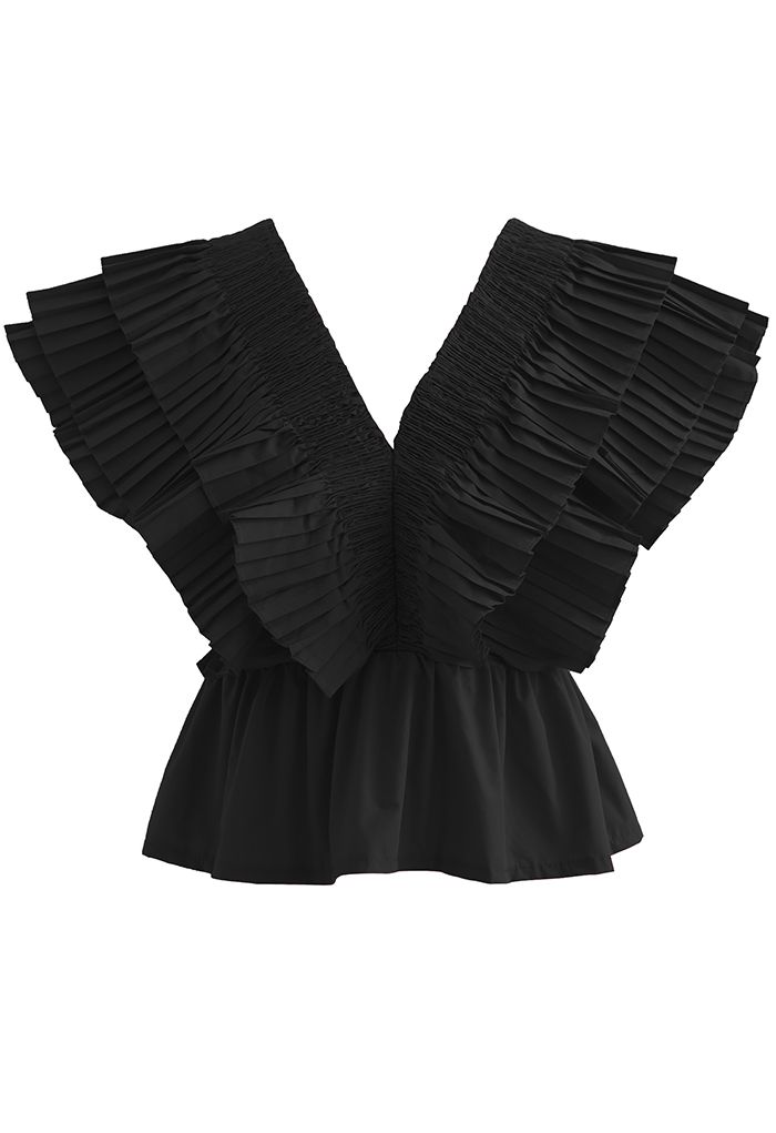 Pleated Ruffle Buttoned Deep V-Neck Crop Top in Black