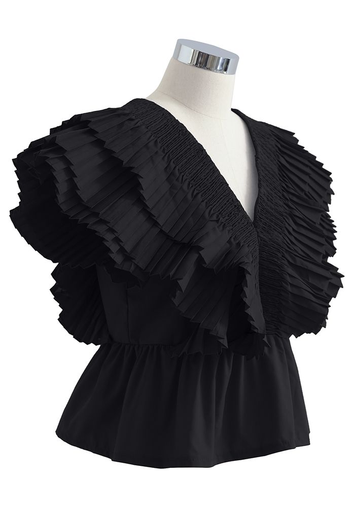 Pleated Ruffle Buttoned Deep V-Neck Crop Top in Black