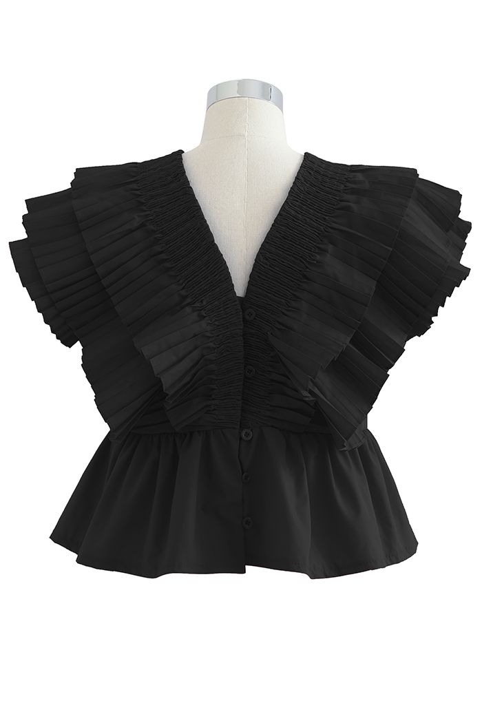 Pleated Ruffle Buttoned Deep V-Neck Crop Top in Black