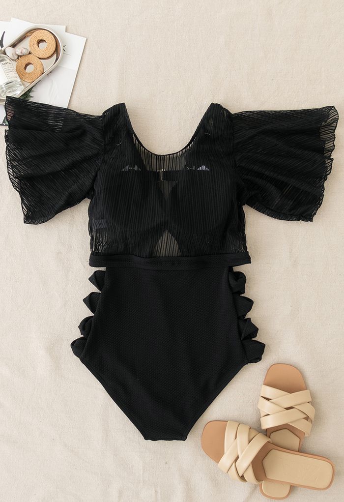 Detachable Bra and Lacy Swimsuit Set in Black