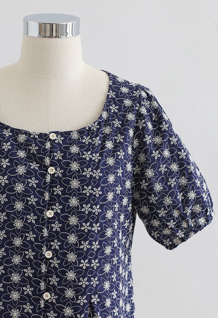 Button Down Embroidered Floral Cotton Top in Navy