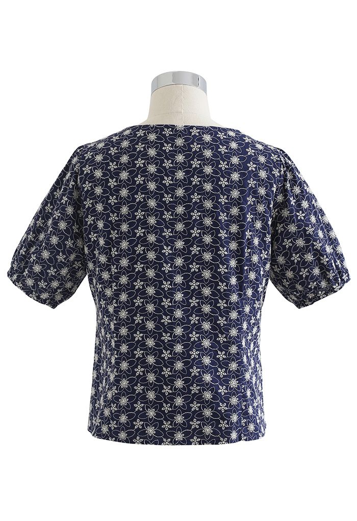 Button Down Embroidered Floral Cotton Top in Navy