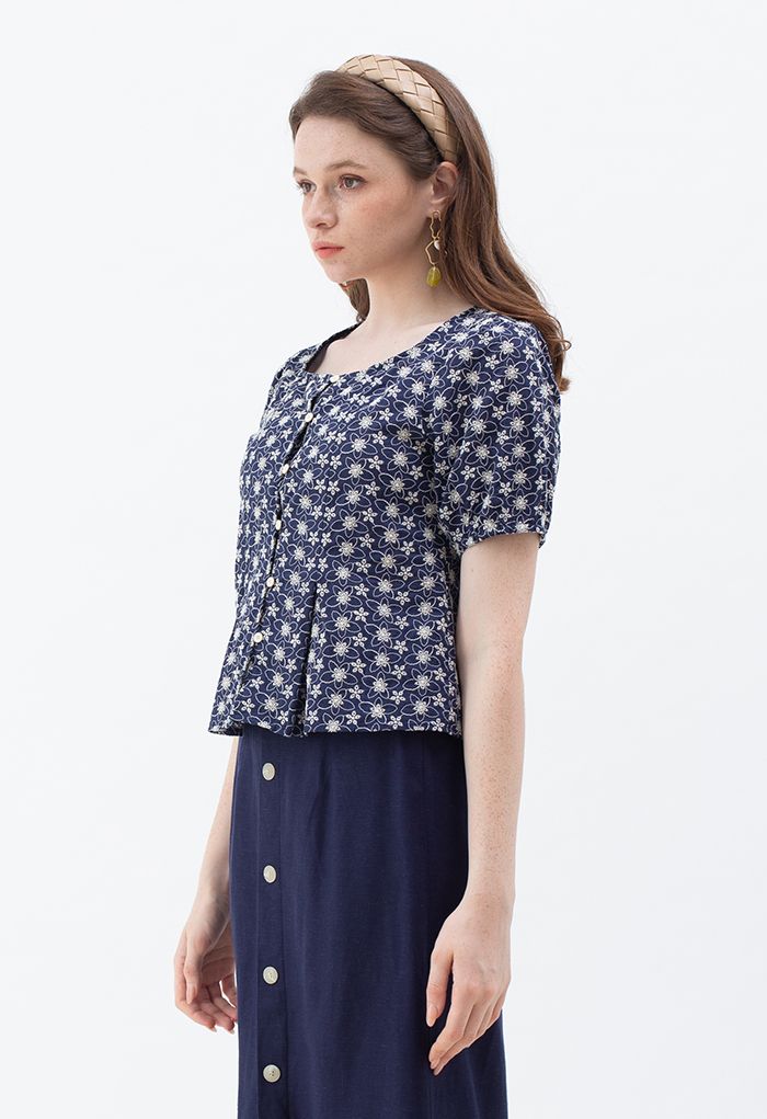 Button Down Embroidered Floral Cotton Top in Navy