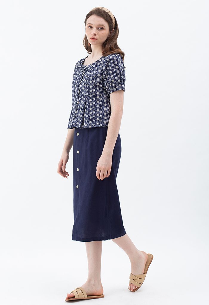 Button Down Embroidered Floral Cotton Top in Navy