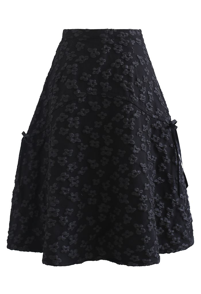 Embossed Flower Bowknot Side Flare Skirt