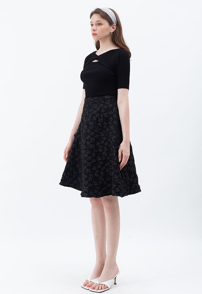 Embossed Flower Bowknot Side Flare Skirt