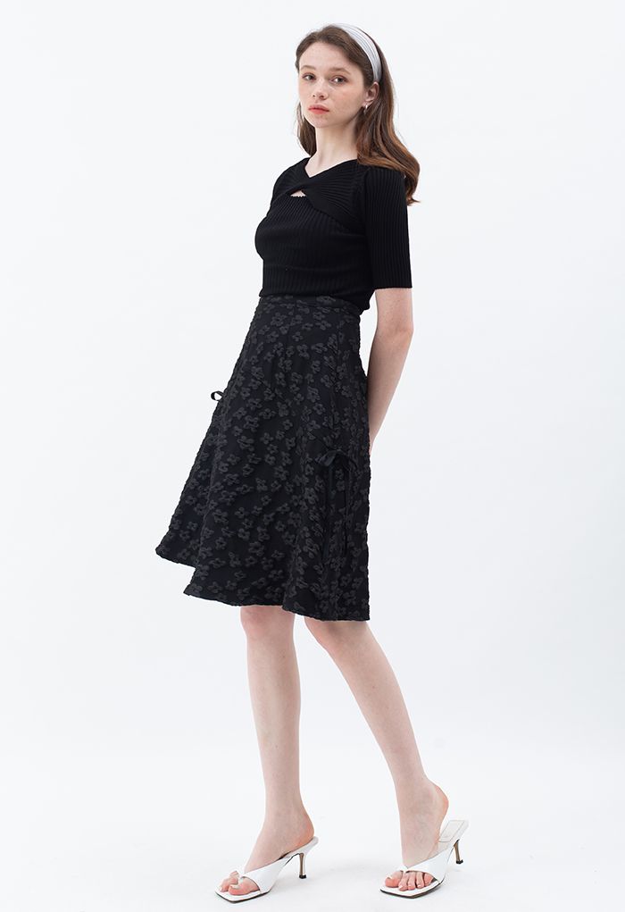 Embossed Flower Bowknot Side Flare Skirt