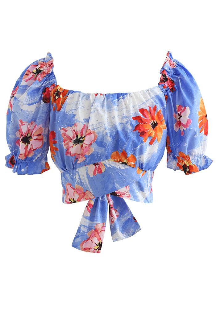 Bowknot Back Floral Print Crop Top in Blue