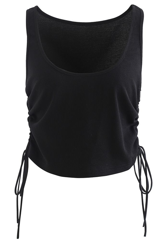 Side Drawstring Sleeveless Crop Tank Top in Black