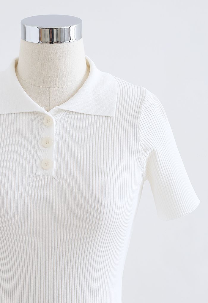 Triple Buttons Short Sleeve Fitted Knit Top in White