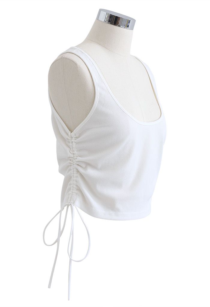 Side Drawstring Sleeveless Crop Tank Top in White