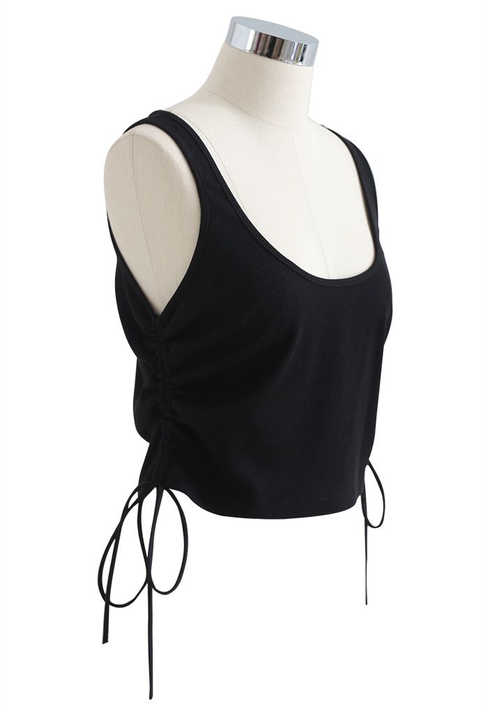 Side Drawstring Sleeveless Crop Tank Top in Black