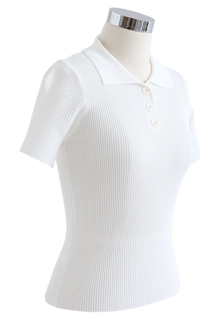 Triple Buttons Short Sleeve Fitted Knit Top in White