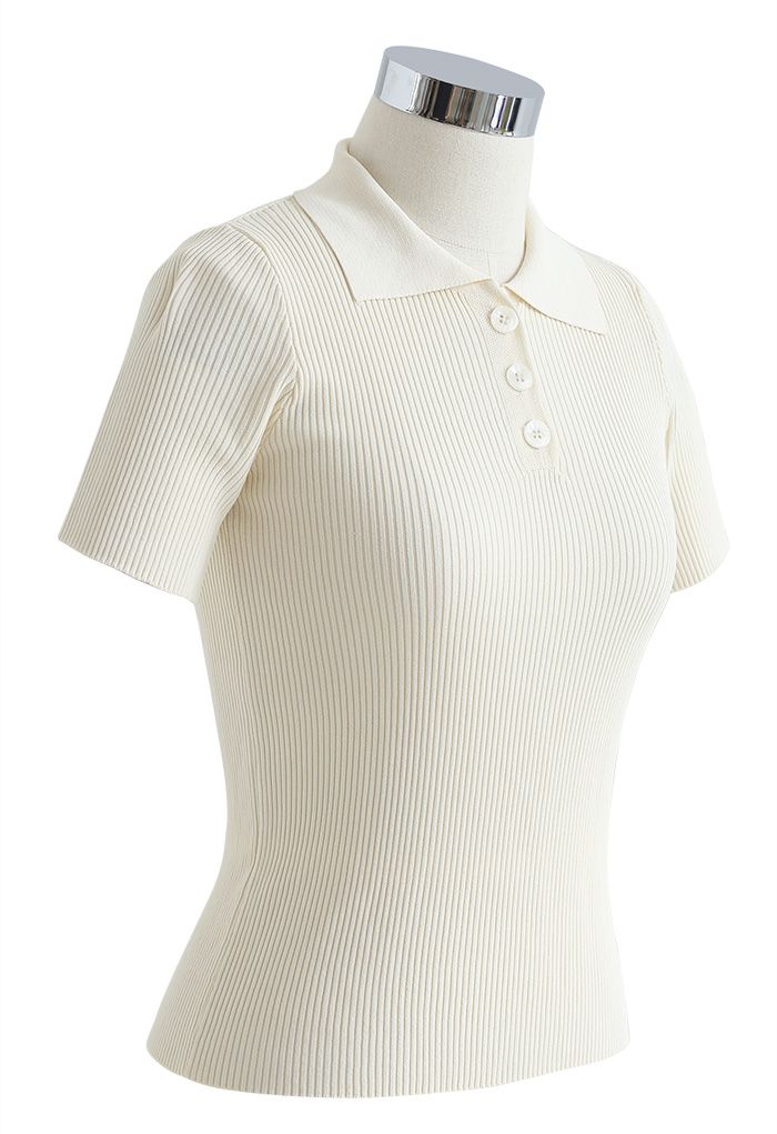 Triple Buttons Short Sleeve Fitted Knit Top in Cream