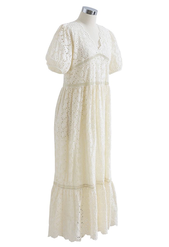 Scallop V-Neck Floral Eyelet Embroidery Maxi Dress in Cream