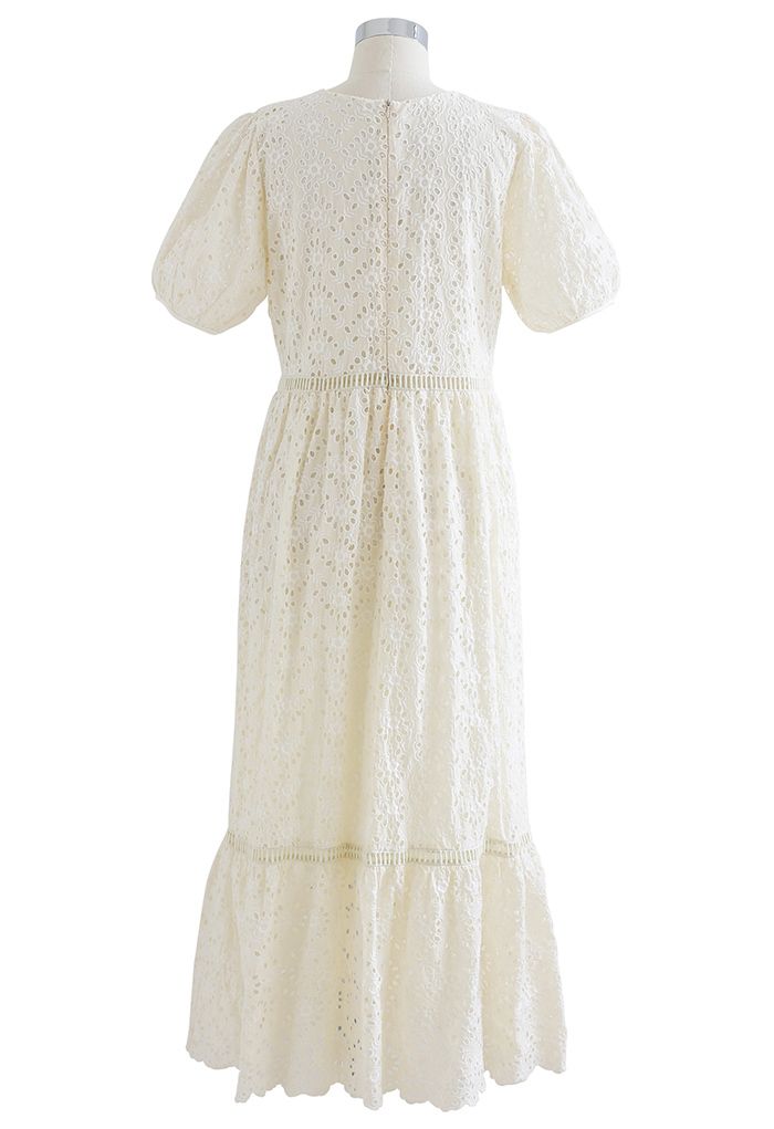 Scallop V-Neck Floral Eyelet Embroidery Maxi Dress in Cream