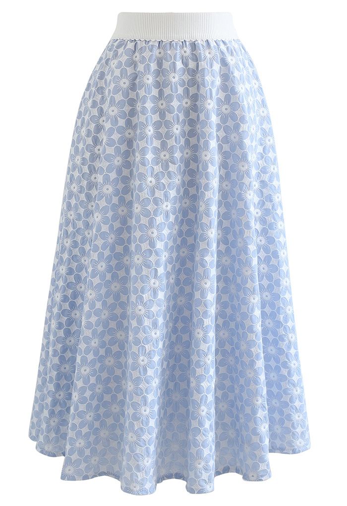 Embroidered Daisy Midi Skirt in Light Blue