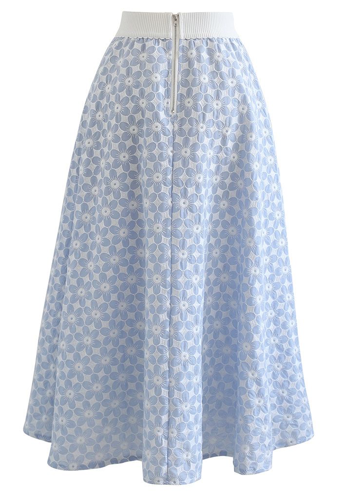 Embroidered Daisy Midi Skirt in Light Blue