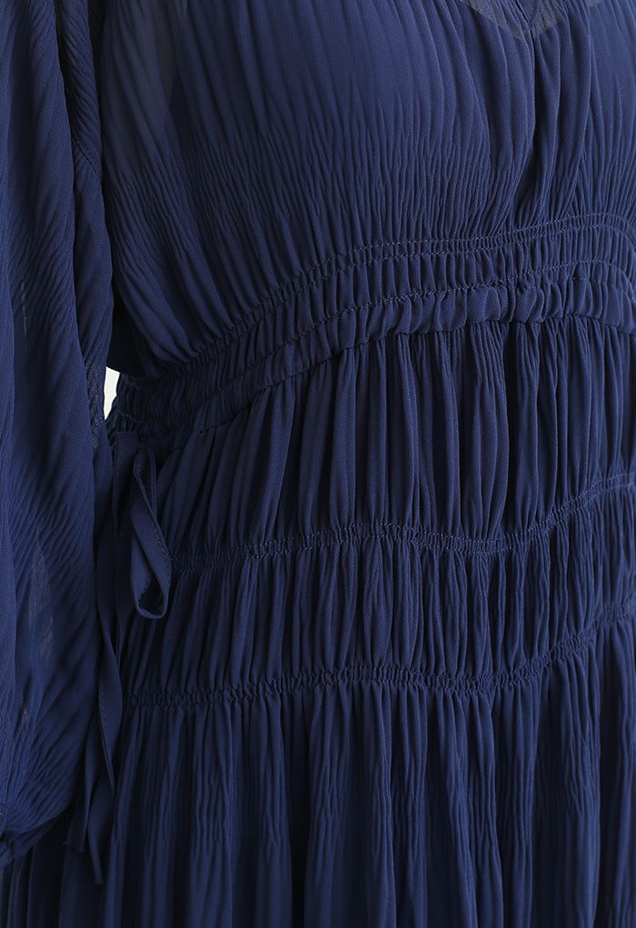 Full Shirring Side Drawstring Chiffon Dress in Navy