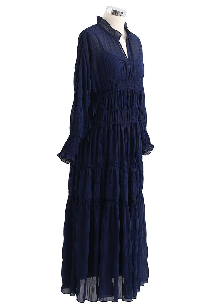 Full Shirring Side Drawstring Chiffon Dress in Navy