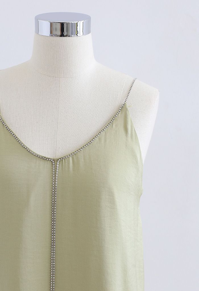 Crystal Straps Satin Tank Top in Olive