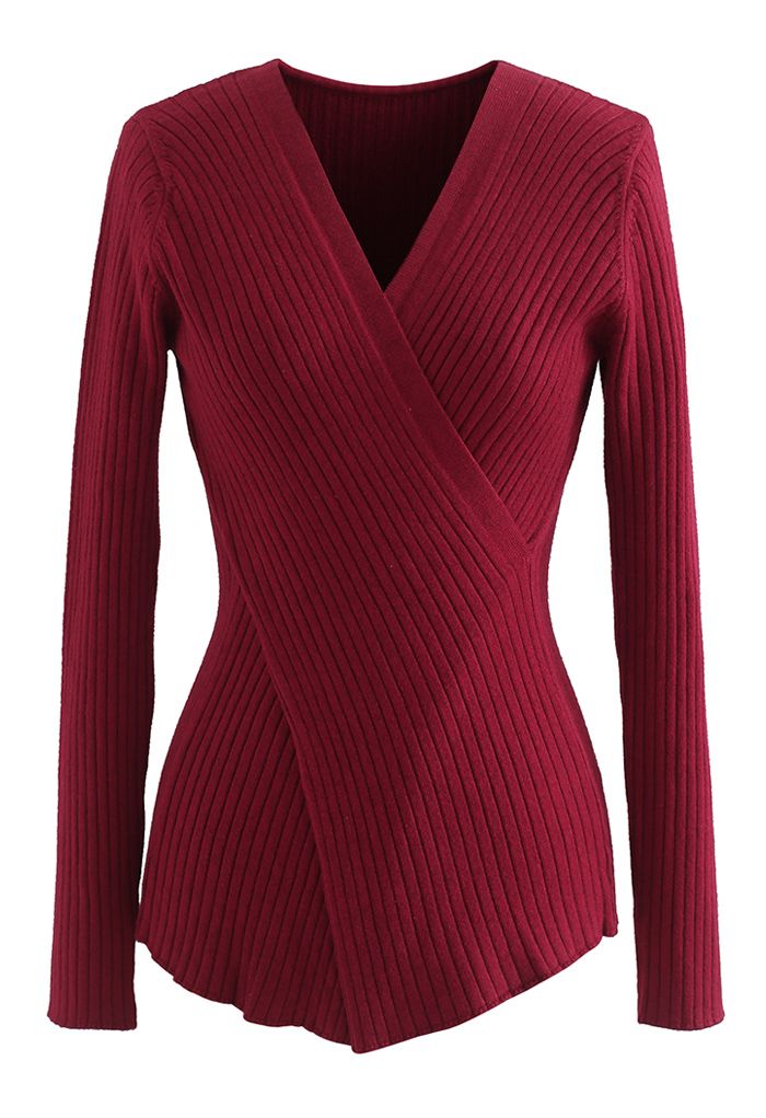 Crisscross Fitted Rib Knit Top in Wine