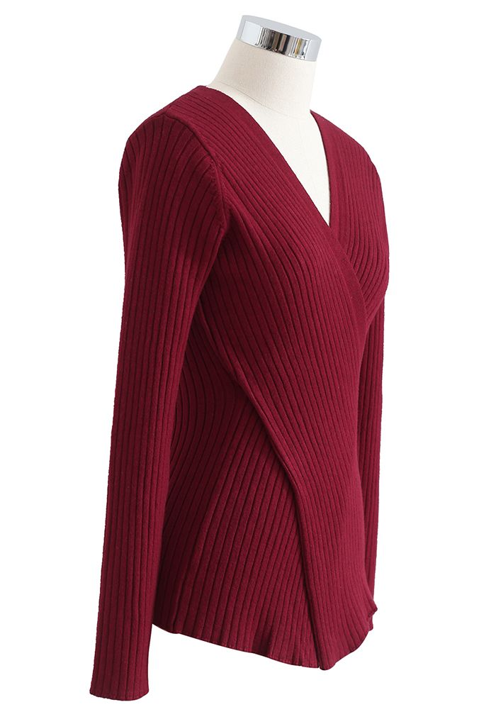 Crisscross Fitted Rib Knit Top in Wine