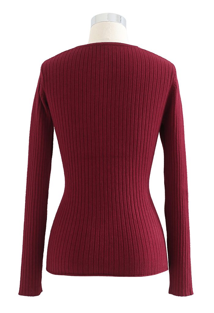 Crisscross Fitted Rib Knit Top in Wine