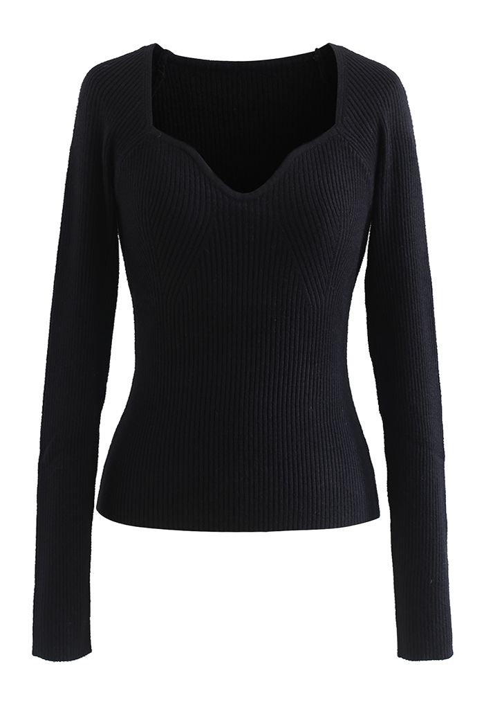 Square Neck Long Sleeves Fitted Knit Top in Black
