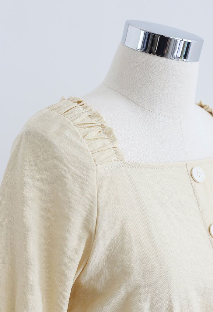 Square Neck Button Trim Crop Top in Light Yellow