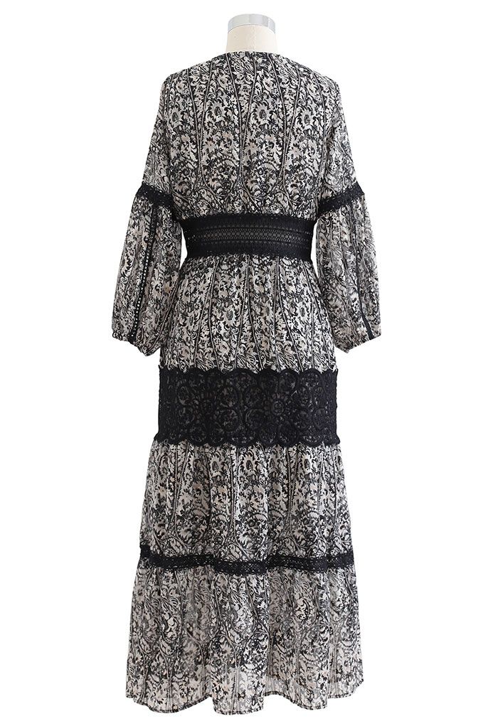 Black Floral Jacquard Crochet Trim Sheer Maxi Dress