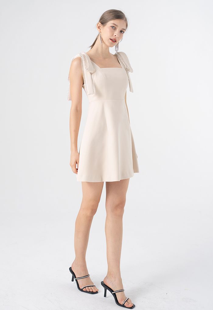 Bowknot Shoulder Crystal Edge Mini Dress in Cream