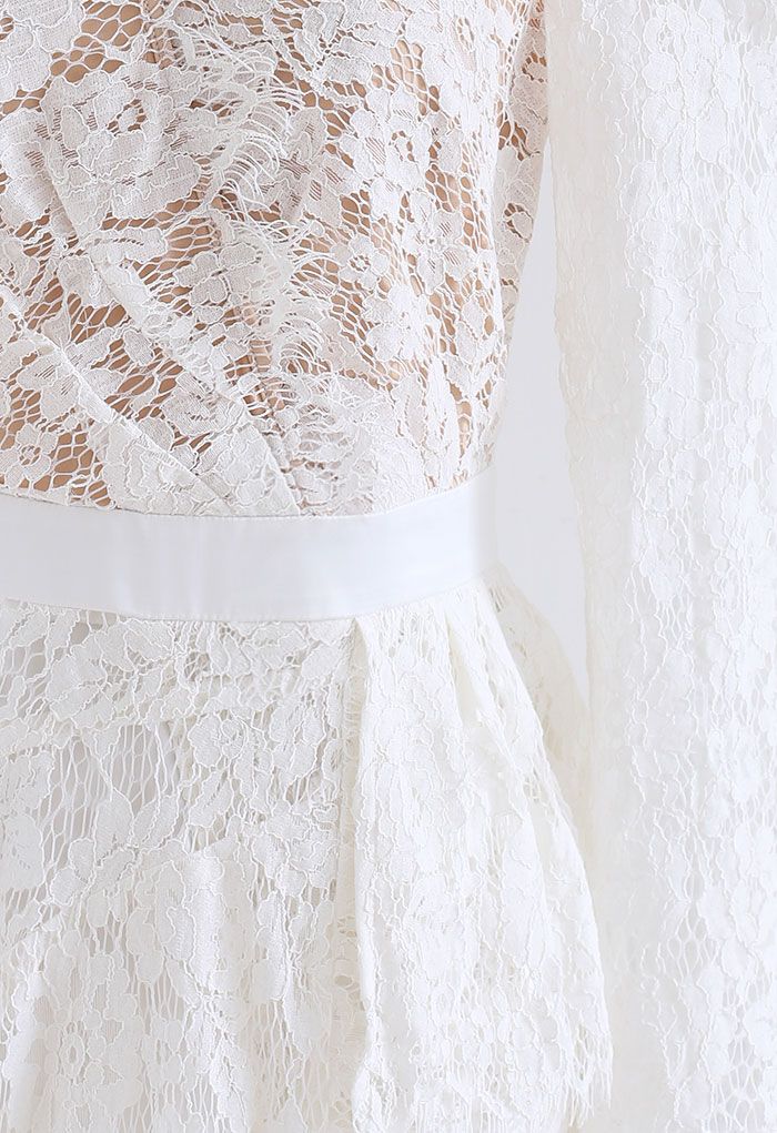 Full Lace Puff Sleeve Slit Bodycon White Dress