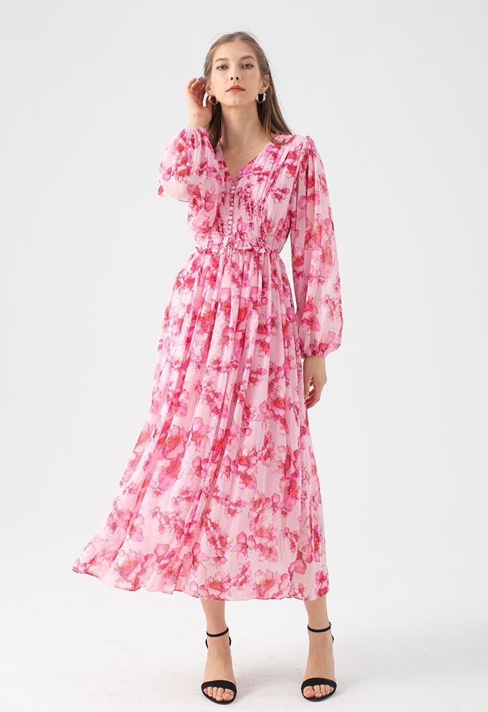 Delicate Floral Shirred Maxi Dress in Hot Pink