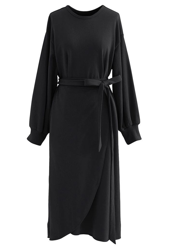 Self-Tie Flap Front Midi Dress in Black