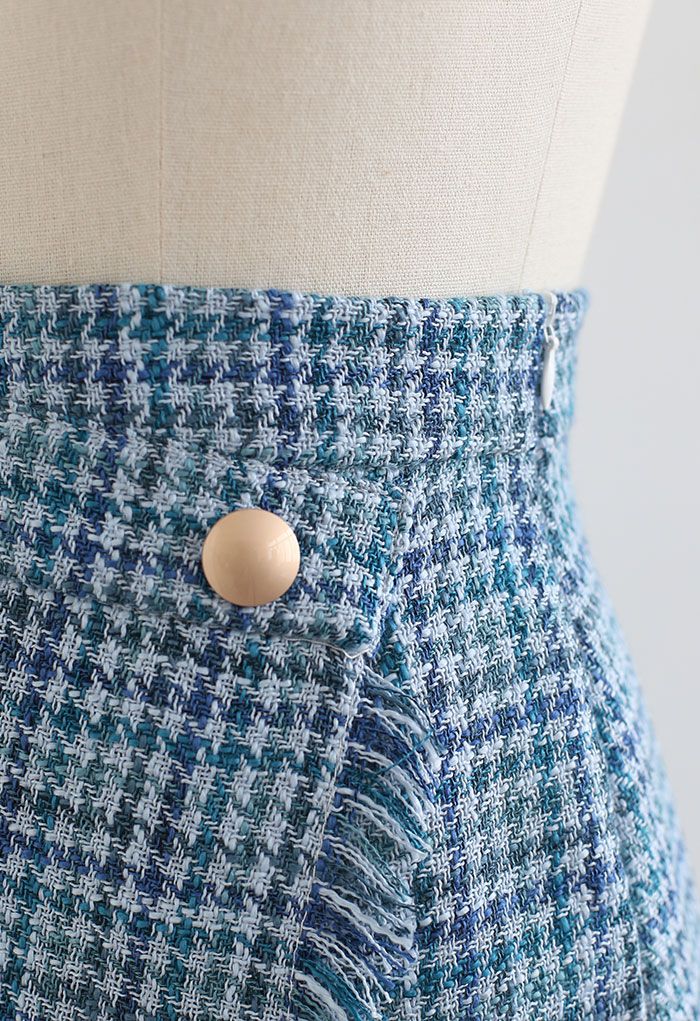 Tasseled Houndstooth Tweed Mini Flap Skirt in Blue