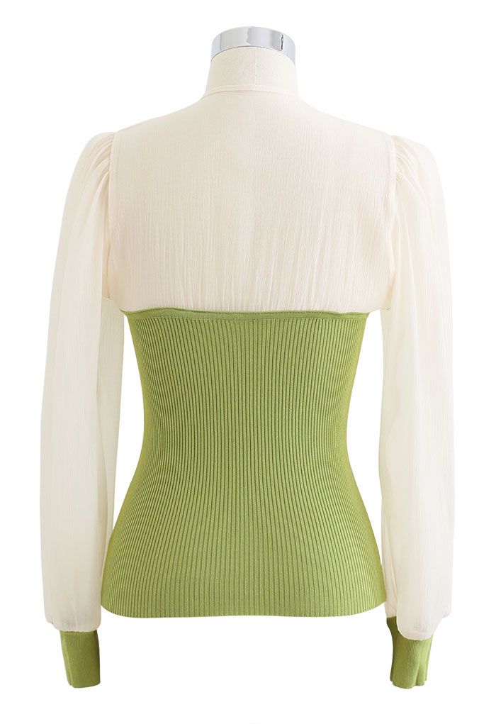 Spliced Bubble Sleeve Knit Top in Green