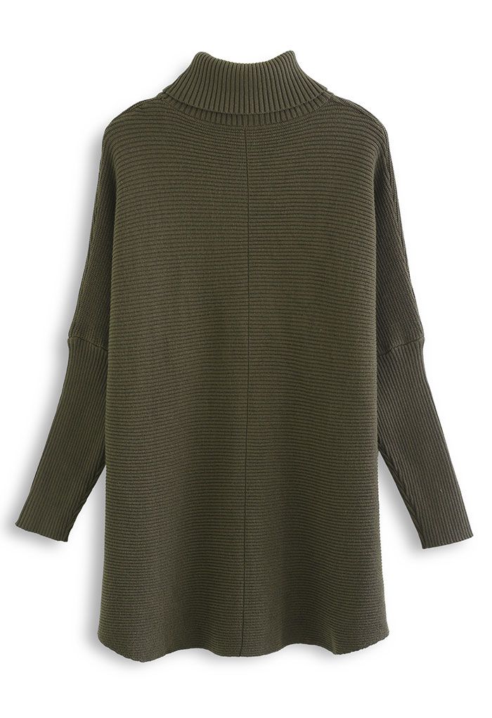 Effortless Chic Turtleneck Batwing Sleeve Hi-Lo Sweater in Army Green