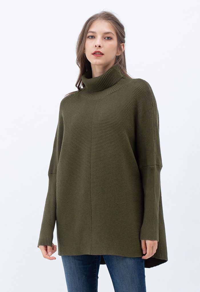 Effortless Chic Turtleneck Batwing Sleeve Hi-Lo Sweater in Army Green