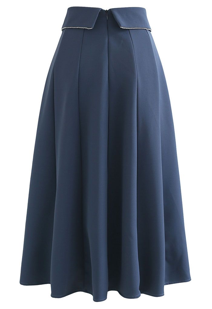 Crystal Flap Seam Detailing Midi Skirt in Dusty Blue