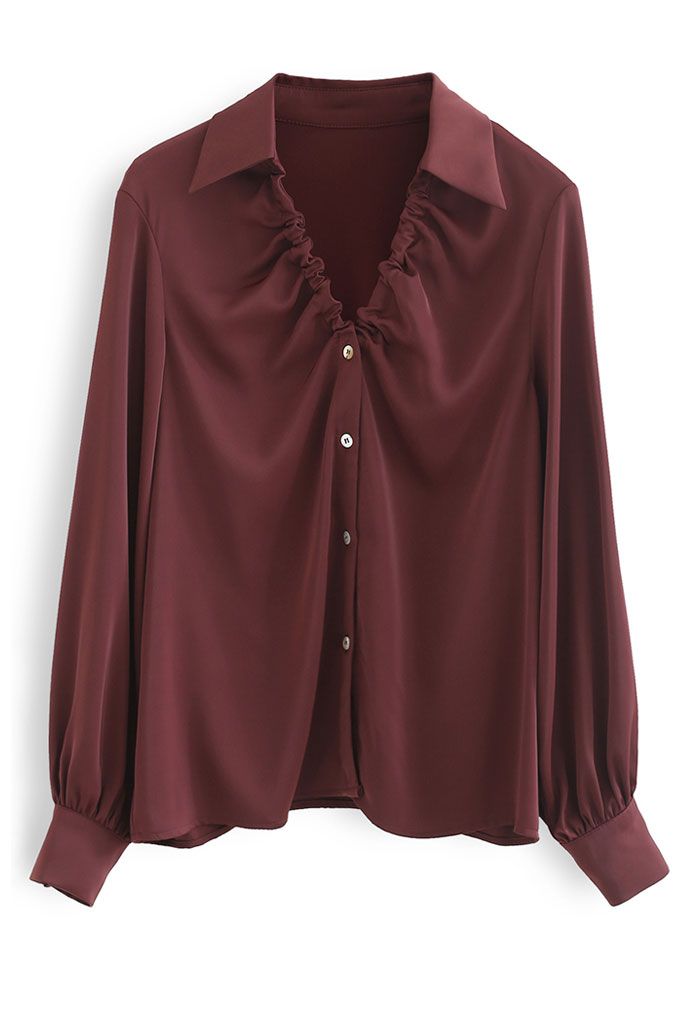 Ruched V-Neck Button Down Satin Top in Burgundy