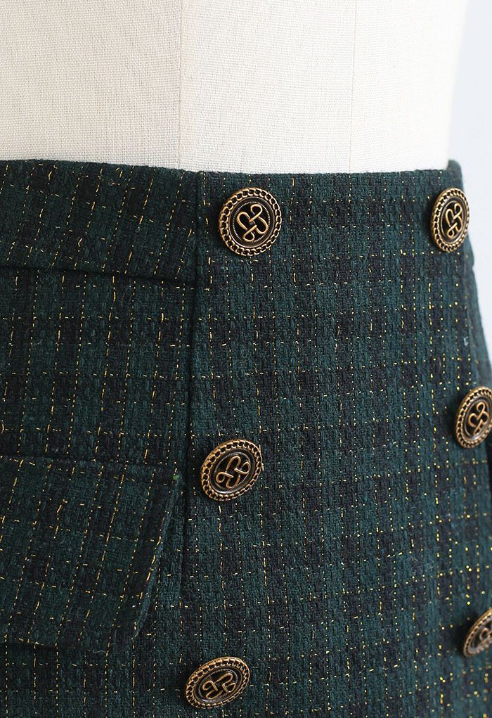 Gingham Pattern Shimmer Tweed Mini Skirt in Green