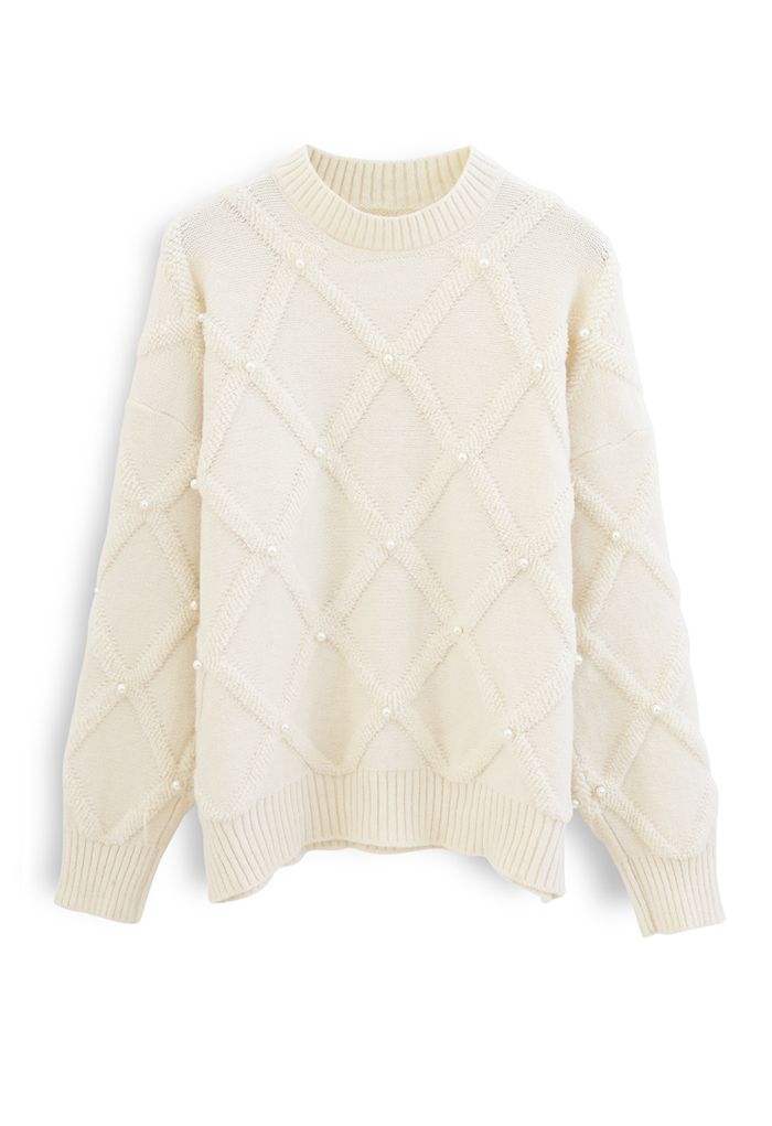 Diamond Pearls Trim Fuzzy Knit Sweater in Cream