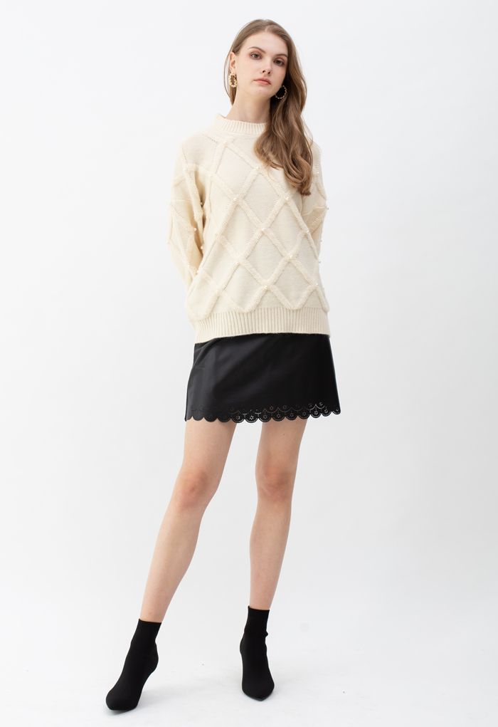 Diamond Pearls Trim Fuzzy Knit Sweater in Cream