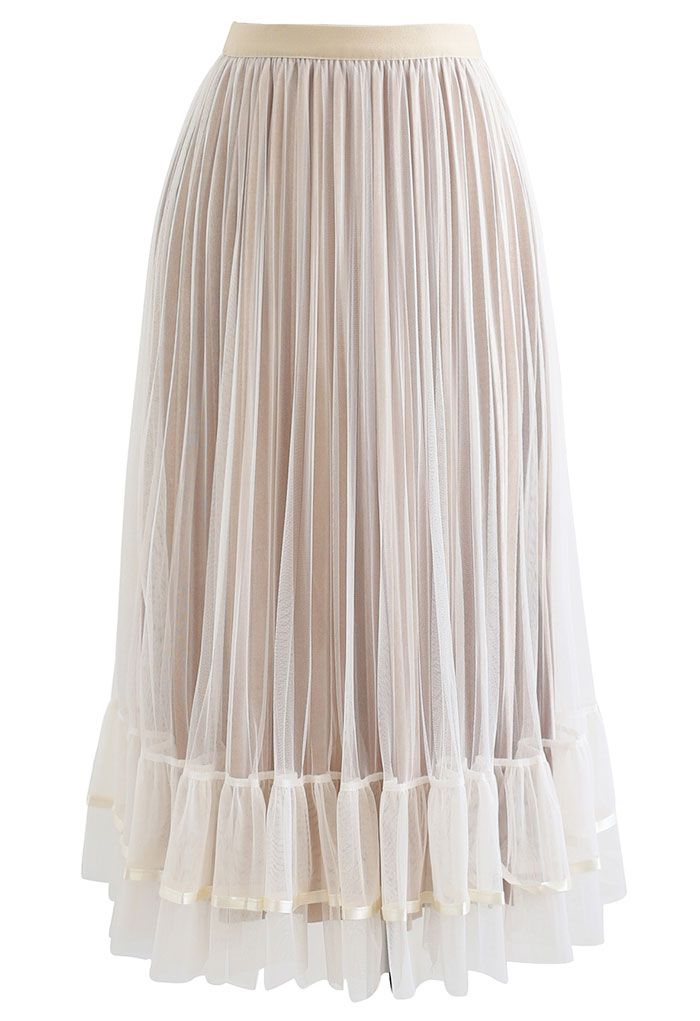 Tiered Ruffle Hem Mesh Velvet Skirt in Ivory